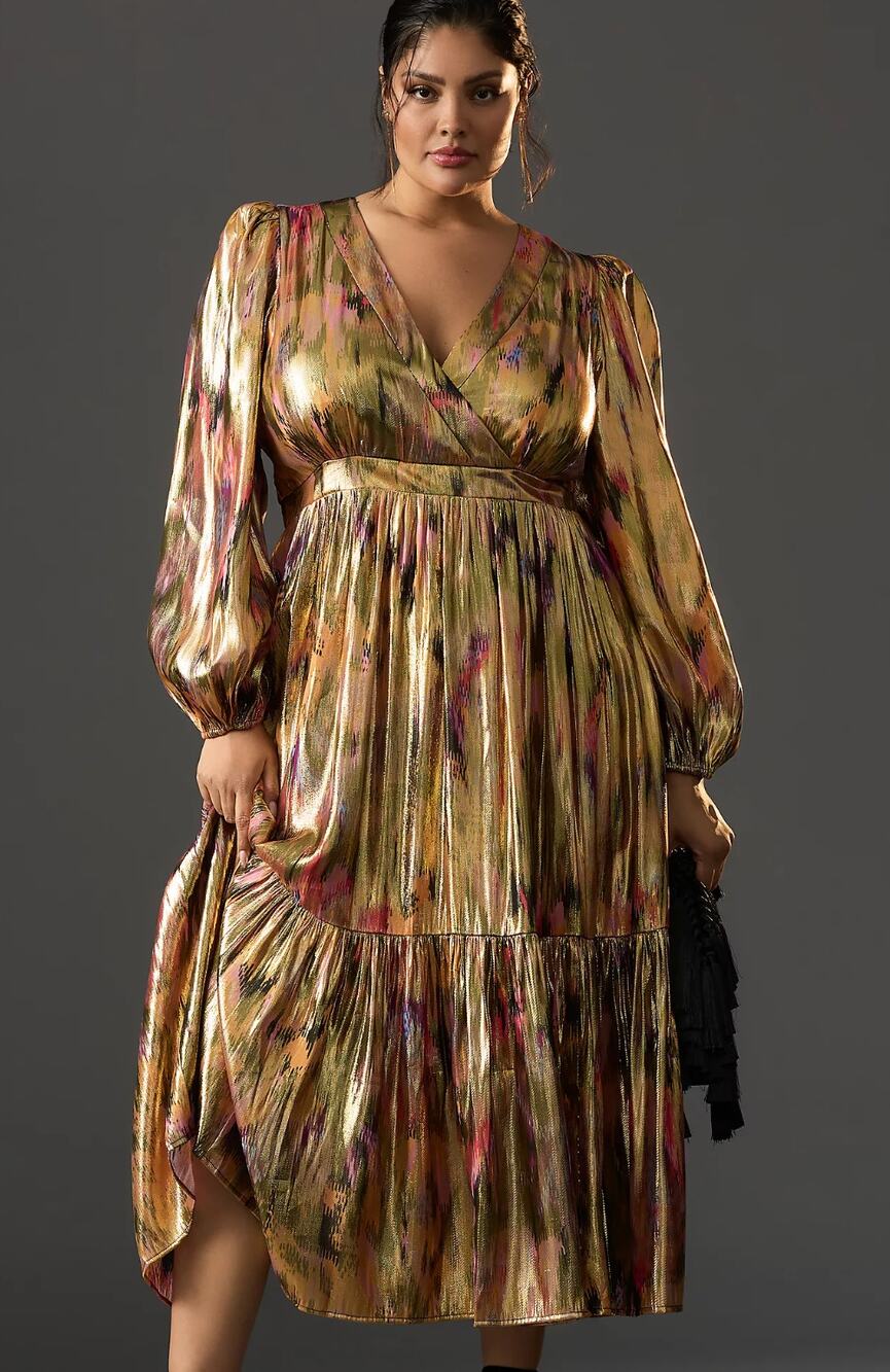 BY ANTHROPOLOGIE Long Sleeve V-Neck Metallic Midi Dress Size 1X